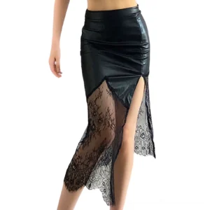 Black high-waist gothic lace midi skirt with asymmetrical hem worn by model, side view showing lace lower panel and empire waistline