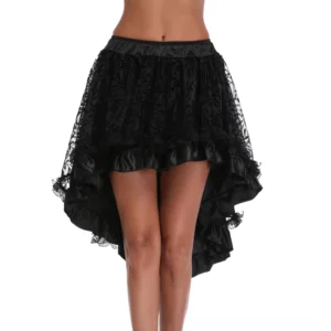 Black asymmetrical lace gothic skirt front view on model showing high-low hemline and vine-pattern flocked lace overlay