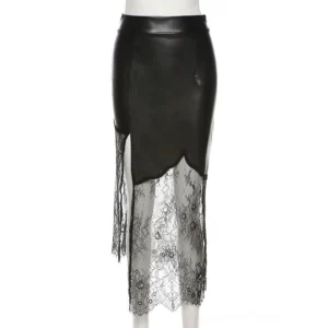 Black gothic lace midi skirt displayed on mannequin, front full view showing sheer lace lower section and asymmetrical hem design