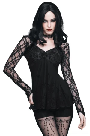 Black gothic lace sleeve top with front bow detail on female model wearing dark choker accessory - front three-quarter view