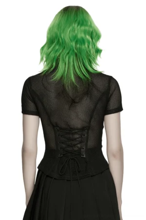 Gothic mesh lace-up shirt back view - model wearing black faux leather mesh shirt, back lace-up corset waist design with hanging tie strings