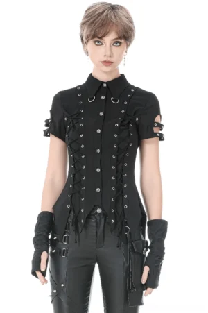 Black gothic lace-up blouse front view on model, button-front closure with side lace-up panels and metal grommet details