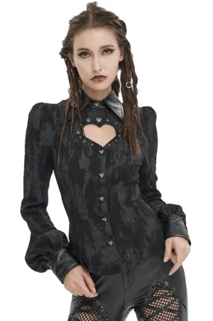 Black gothic lace-up corset blouse front view with heart chest cutout and leather collar detail