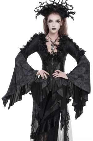 Black gothic lace-up blouse with 3D rose trim, bell sleeves, and asymmetrical hem worn by female model - front full view