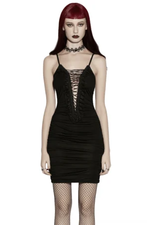 Black gothic lace-up bodycon slip dress front view on model with burgundy hair wearing fishnet stockings
