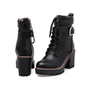 Black gothic ankle boots with lace-up and buckled strap detail - rear and side angle showing square heel construction