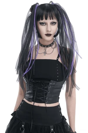 Black gothic lace-up camisole with studded splice design, front flat lay view on white background, featuring faux leather corset panel and metal studs