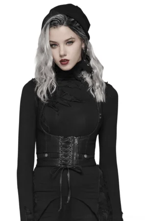 Black gothic PU leather corset with lace-up front detail and metal eyelets, front three-quarter view on model