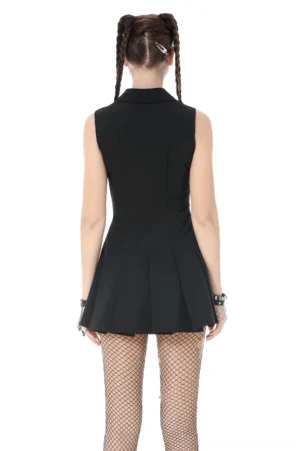 Black gothic lace-up mini dress back view showcasing tailored pleated skirt and sleeveless design