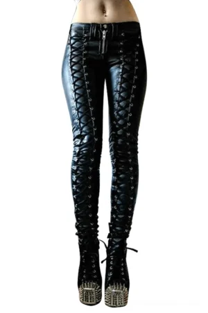 Women's black gothic lace-up PU leather skinny trousers with smooth finish and metallic details on white background