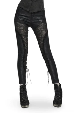 Black gothic lace-up leggings with paisley jacquard pattern worn by model in front three-quarter view
