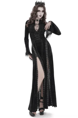Black gothic lace-up maxi dress with bell sleeves front view worn by model with crown on white studio background