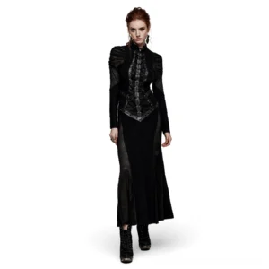 Black gothic lace-up mesh maxi dress front view on model, showing V-neck collar, pleated shoulders, and sheer mesh panels
