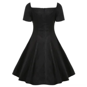 Black gothic lace-up midi dress back view showing hidden zipper closure and A-line flared skirt