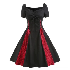 Black gothic lace-up short sleeve midi dress with red lace corset detail and ruched bust, front view