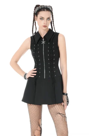 Black gothic lace-up zip front pleated mini dress with turn-down collar, front three-quarter view on model