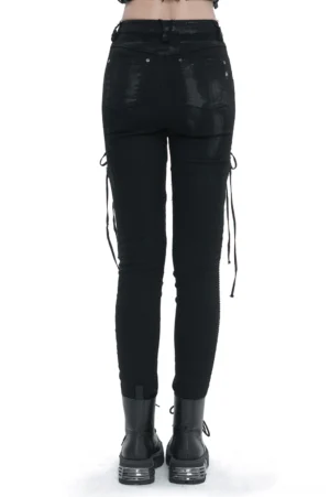 Black gothic punk trousers rear view on model displaying back pockets and side drawstring details with fishnet panels