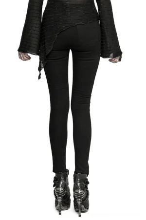 Back view of black gothic lace-up skinny jeans on model, showcasing fitted silhouette and back pocket design of punk aesthetic women's pants