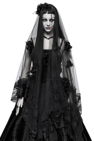 Black gothic lace wedding veil with 3D roses worn by model in front view, showing full veil drape and floral embellishments