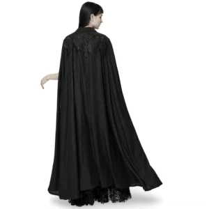 Black gothic lapel cloak worn from back, displaying intricate lace appliqué and embroidered shoulder yoke details