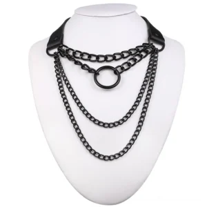 Black matte layered chain O-ring choker necklace displayed on mannequin - gothic alternative fashion jewelry