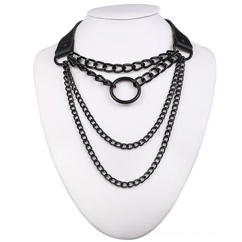 Black matte layered chain O-ring choker necklace displayed on mannequin - gothic alternative fashion jewelry