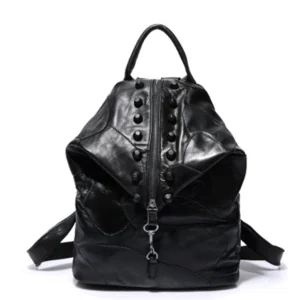 Black genuine leather gothic backpack with studded embellishments, front view, showing structured panelled design and zipper closure