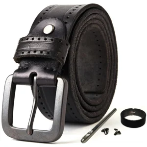Black genuine leather gothic belt front view with dark matte metal buckle and decorative brogued strap trim on white studio background