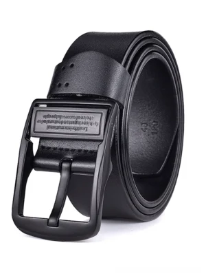 Black adjustable gothic leather belt with engraved rectangular metal pin buckle, side profile showing rolled leather edge