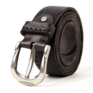 Black gothic leather belt with silver vintage buckle, full-grain cowskin, perforated adjustment holes, front close-up detail view