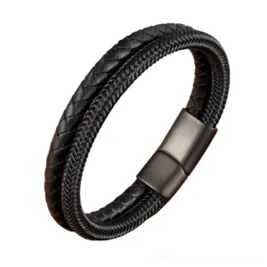 Black braided leather gothic bracelet with matte black magnetic stainless steel clasp, double-layer woven texture, front three-quarter view