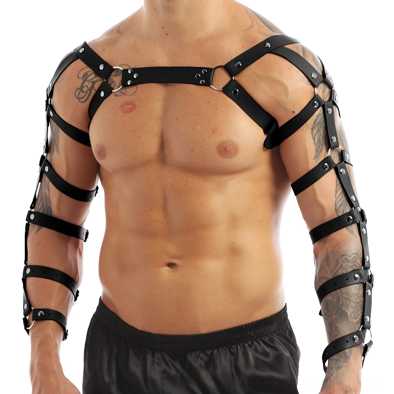 Black leather gothic chest harness on muscular man, front view showing full arm and torso coverage with metal hardware