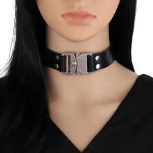 Black gothic PU leather choker necklace with silver buckle worn on female model, front upper body close-up showing punk aesthetic and rivet details