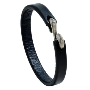 Black genuine leather narrow cuff bangle with antique silver hook clasp - gothic alternative bracelet side view