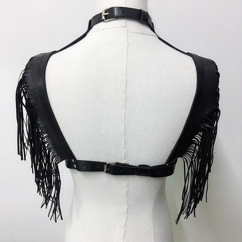 Back view of black leather fringed gothic harness showing adjustable back straps, leather construction, and structural design
