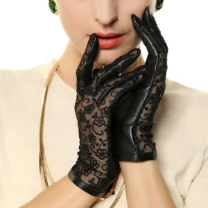 Black gothic leather and lace gloves with floral embroidery, wrist-length Victorian style, close-up front view showcasing lace detail