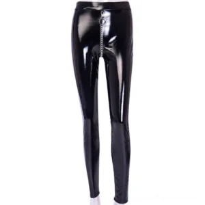 Black PU leather gothic leggings with metal chain waist detail, front full-length view on white background