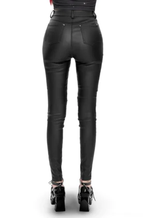 Black gothic leather pants rear view on model, high-waisted slim fit with functional pockets