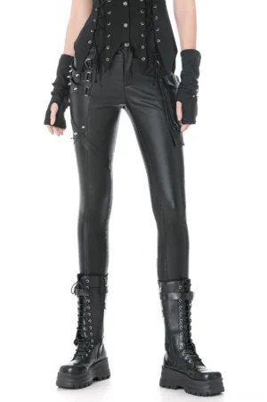 Black faux leather gothic pants front view worn by model showing slim fit buckle straps and side cargo pockets