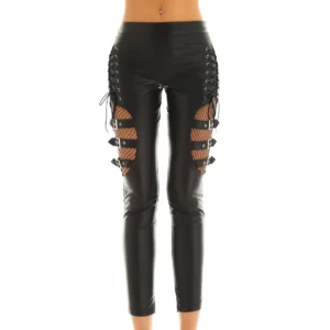 Black gothic slim-fit faux leather trousers with dual lace-up panels and fishnet cutout buckle embellishments, front view on model