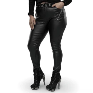 Black faux leather gothic skinny pants with side zipper details, front and side view worn by model with chain belt and heeled boots