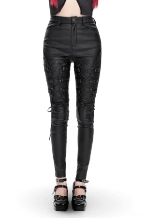 Black faux leather gothic pants with metal eyelet lace-up straps, front full view on model