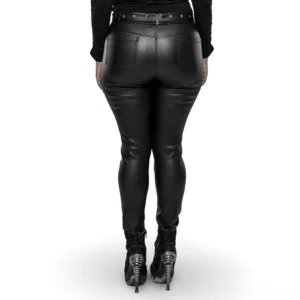 Black faux leather gothic skinny pants rear view showing back pockets and chain belt styling