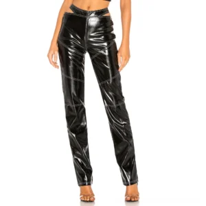 Black gothic leather pants with high waist cutout and silver zipper front view on model