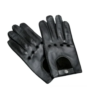 Black full-finger gothic leather riding gloves front view flat lay with perforated ventilation holes and wrist snap closure