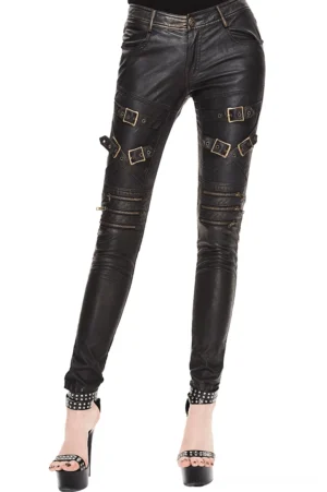 Black PU leather gothic skinny pants front view on female model wearing with studded heels, metal buckles and zippers visible