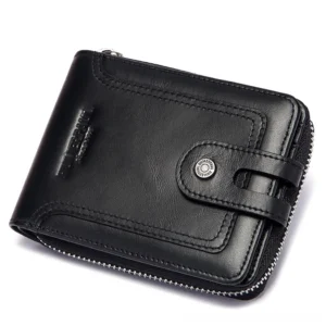 Black genuine leather gothic short wallet front oblique view with metal button strap and full zipper closure