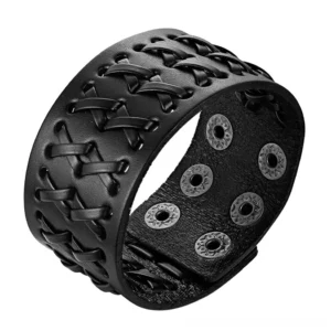 Black gothic woven leather wrap bracelet with cross-weave texture and adjustable magnetic snap closure, overhead view