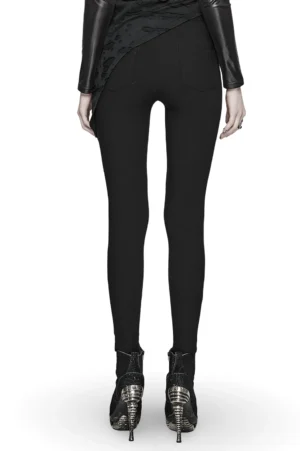 Black gothic leggings rear view showcasing fitted silhouette and back panel design
