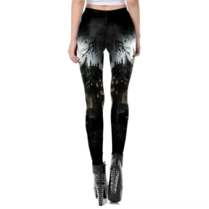 Black gothic leggings back view with supernatural print design, styled with studded platform boots, darkwave fashion